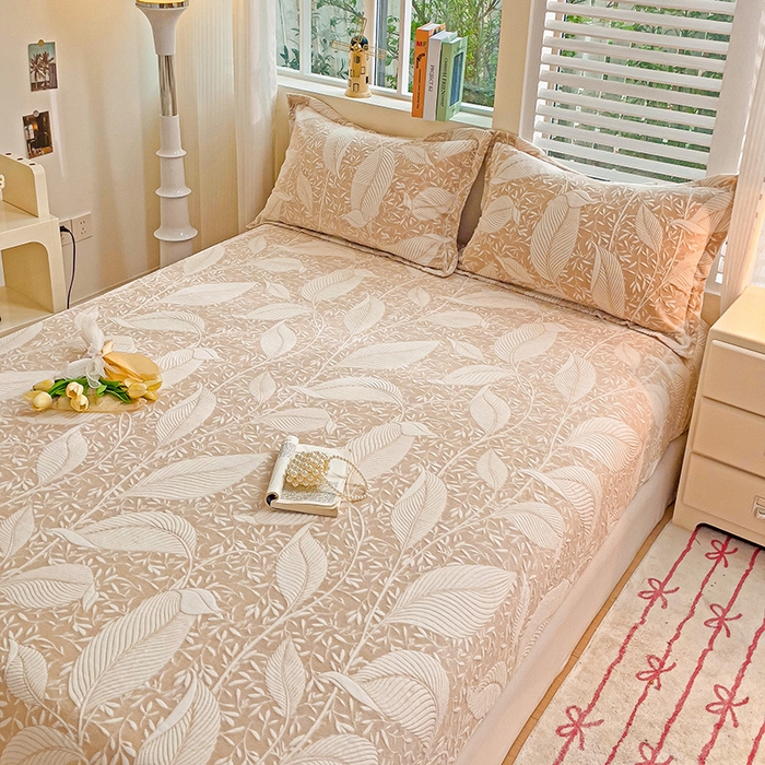 91家纺网 家纺一手货源 找家纺 名兮-2025新款立体高克重加厚浮雕绒单床笠款 千叶-咖