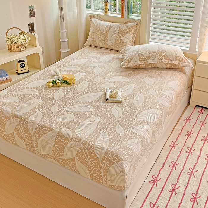 91家纺网 家纺一手货源 找家纺 名兮-2025新款立体高克重加厚浮雕绒单床笠款 千叶-咖