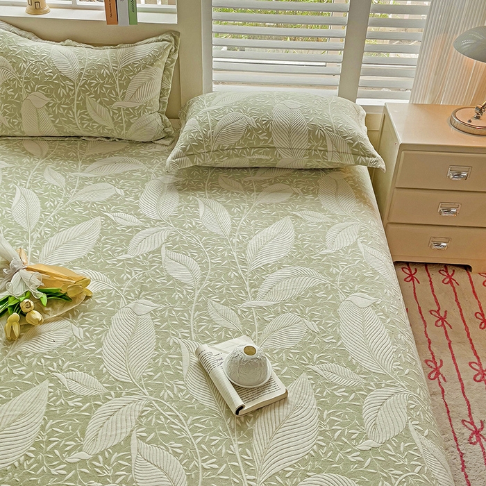 91家纺网 家纺一手货源 找家纺 名兮-2025新款立体高克重加厚浮雕绒单床笠款 千叶-绿