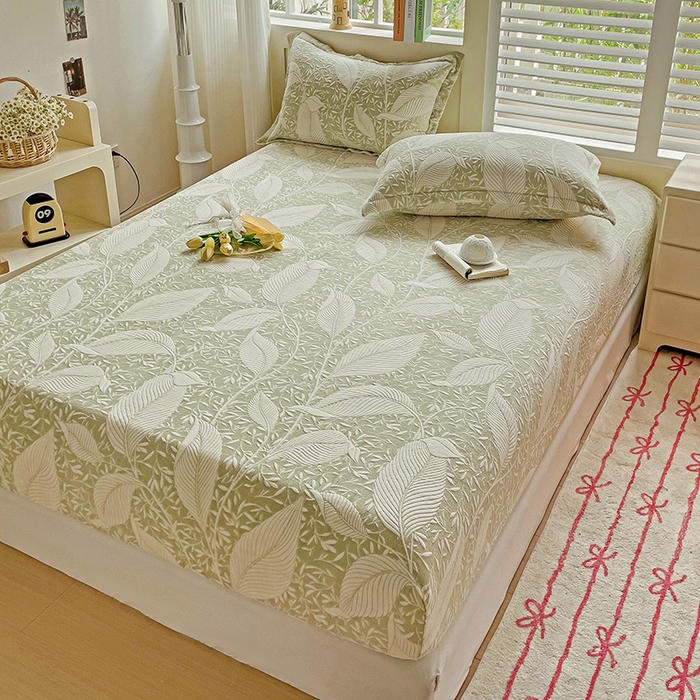 91家纺网 家纺一手货源 找家纺 名兮-2025新款立体高克重加厚浮雕绒单床笠款 千叶-绿