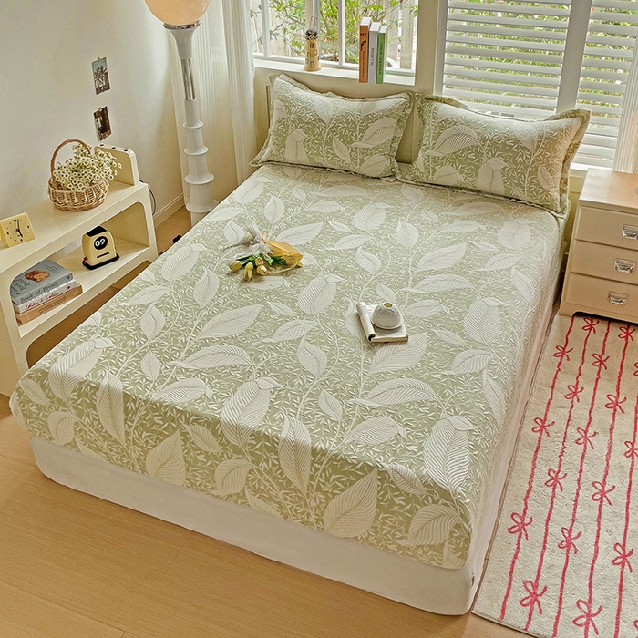 91家纺网 家纺一手货源 找家纺 名兮-2025新款立体高克重加厚浮雕绒单床笠款 千叶-绿