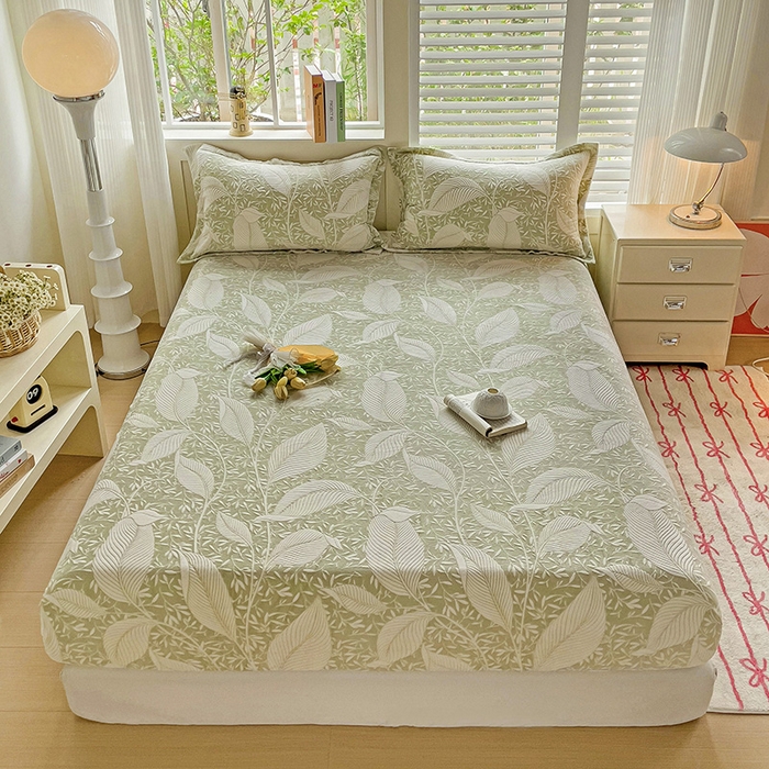 91家纺网 家纺一手货源 找家纺 名兮-2025新款立体高克重加厚浮雕绒单床笠款 千叶-绿