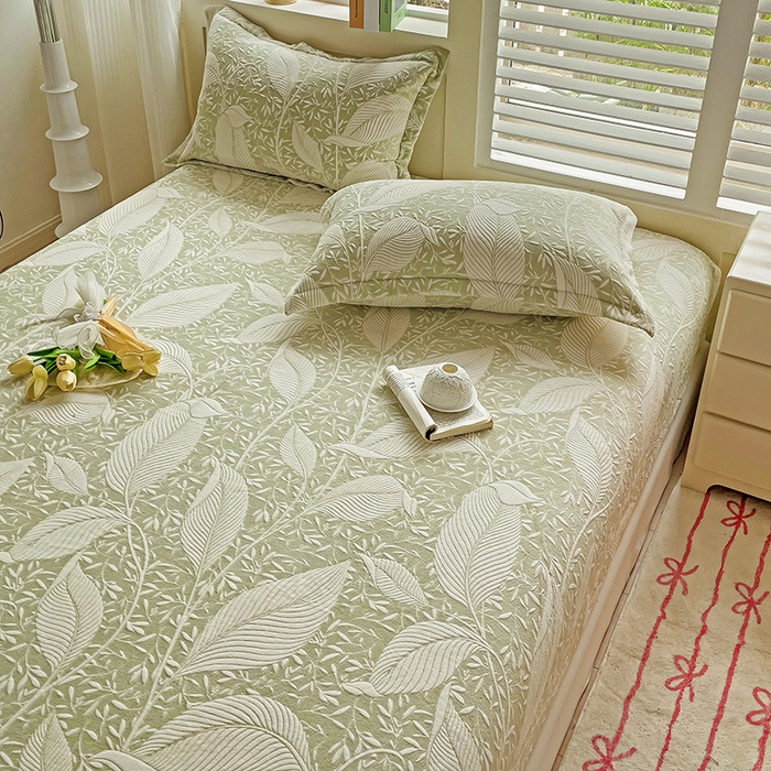 91家纺网 家纺一手货源 找家纺 名兮-2025新款立体高克重加厚浮雕绒单床笠款 千叶-绿