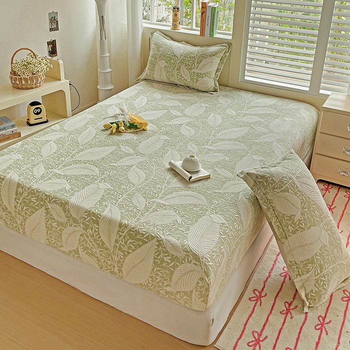 91家纺网 家纺一手货源 找家纺 名兮-2025新款立体高克重加厚浮雕绒单床笠款 千叶-绿