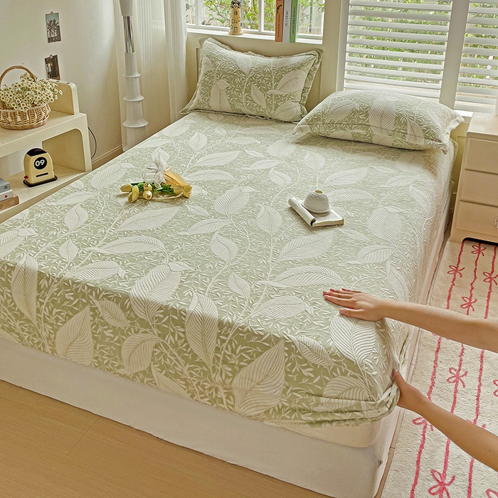 91家纺网 家纺一手货源 找家纺 名兮-2025新款立体高克重加厚浮雕绒单床笠款 千叶-绿