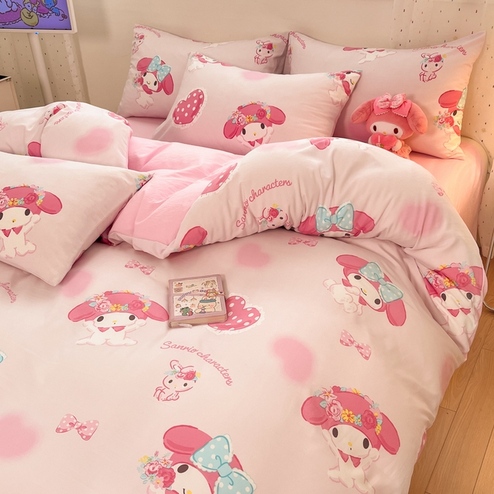 91家纺网 家纺一手货源 找家纺 港岛妹妹 2025新款云朵水洗工艺三丽鸥四件套 三丽鸥-粉粉美乐蒂