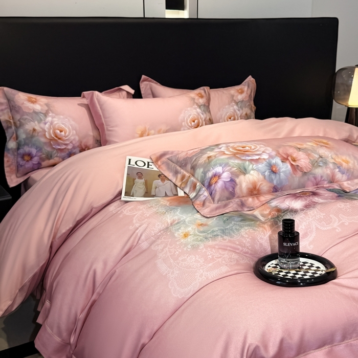 91家纺网 家纺一手货源 找家纺 舒慕家纺 2025新款天丝棉磨毛四件套艾阳绒四件套（配送高端包装） 淡雅幽香-粉