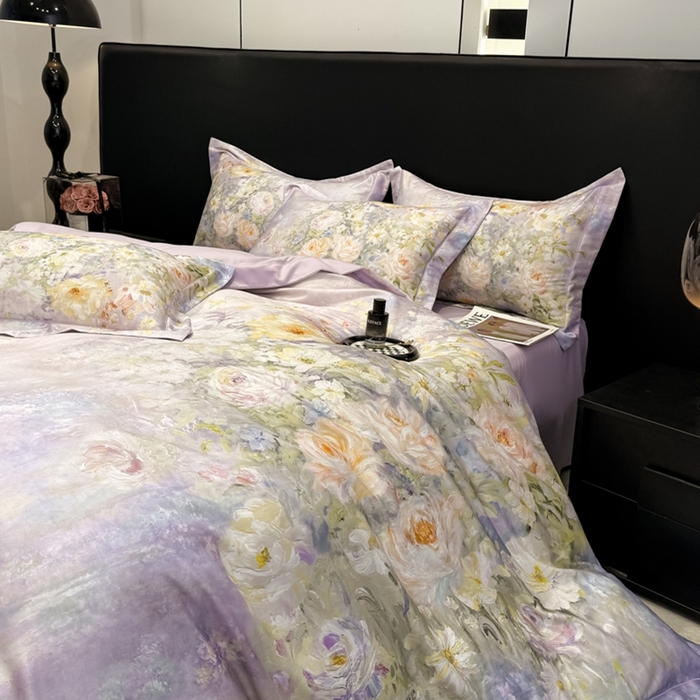 91家纺网 家纺一手货源 找家纺 舒慕家纺 2025新款天丝棉磨毛四件套艾阳绒四件套（配送高端包装） 花溪畔-紫