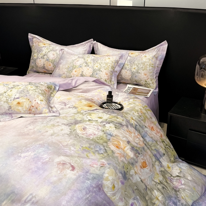 91家纺网 家纺一手货源 找家纺 舒慕家纺 2025新款天丝棉磨毛四件套艾阳绒四件套（配送高端包装） 花溪畔-紫