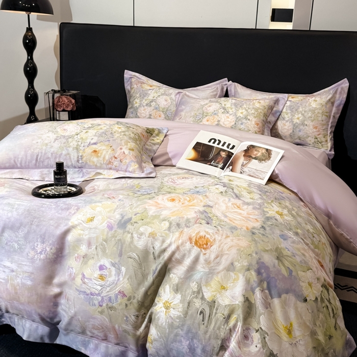 91家纺网 家纺一手货源 找家纺 舒慕家纺 2025新款天丝棉磨毛四件套艾阳绒四件套（配送高端包装） 花溪畔-紫