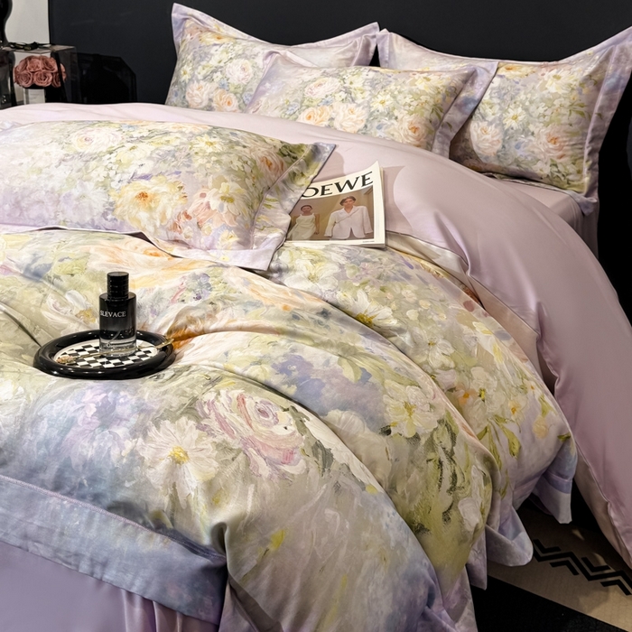 91家纺网 家纺一手货源 找家纺 舒慕家纺 2025新款天丝棉磨毛四件套艾阳绒四件套（配送高端包装） 花溪畔-紫