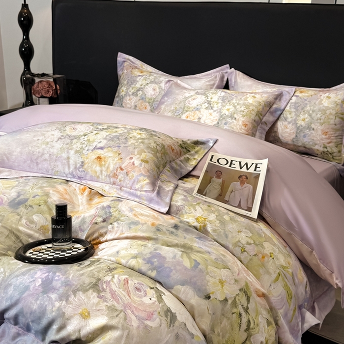 91家纺网 家纺一手货源 找家纺 舒慕家纺 2025新款天丝棉磨毛四件套艾阳绒四件套（配送高端包装） 花溪畔-紫