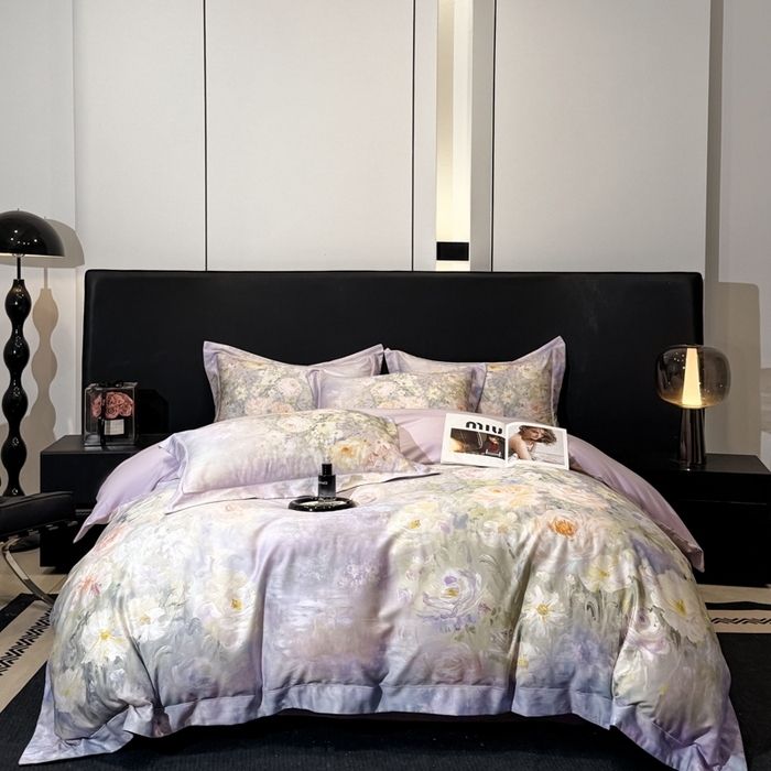 91家纺网 家纺一手货源 找家纺 舒慕家纺 2025新款天丝棉磨毛四件套艾阳绒四件套（配送高端包装） 花溪畔-紫