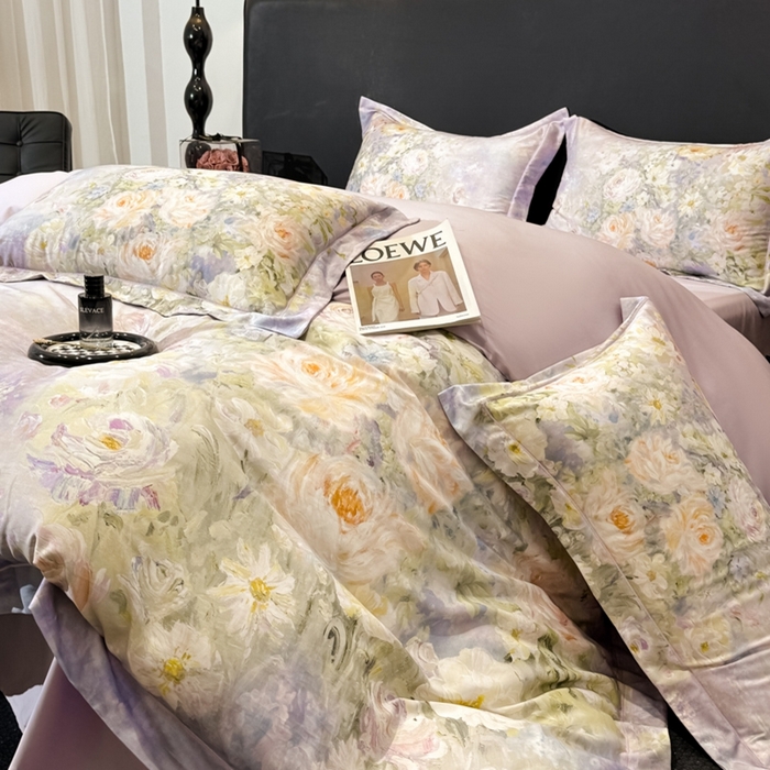 91家纺网 家纺一手货源 找家纺 舒慕家纺 2025新款天丝棉磨毛四件套艾阳绒四件套（配送高端包装） 花溪畔-紫