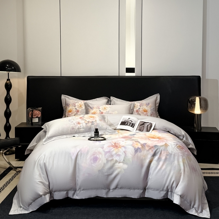 91家纺网 家纺一手货源 找家纺 舒慕家纺 2025新款天丝棉磨毛四件套艾阳绒四件套（配送高端包装） 花颜悦色-灰