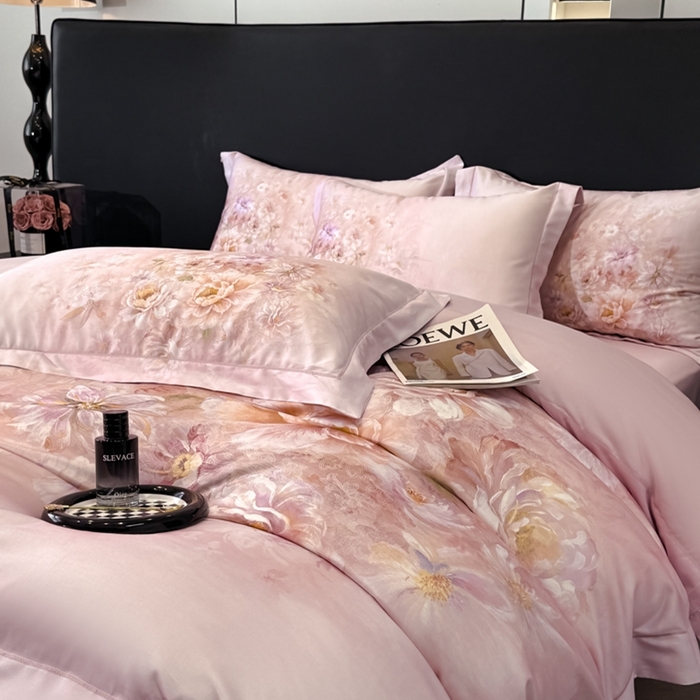 91家纺网 家纺一手货源 找家纺 舒慕家纺 2025新款天丝棉磨毛四件套艾阳绒四件套（配送高端包装） 花芷-粉