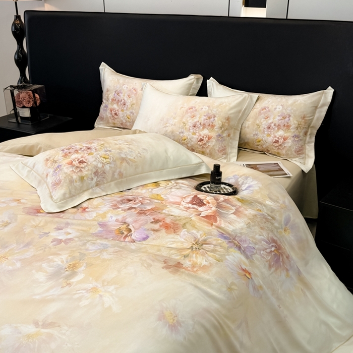 91家纺网 家纺一手货源 找家纺 舒慕家纺 2025新款天丝棉磨毛四件套艾阳绒四件套（配送高端包装） 花芷-黄