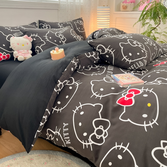 91家纺网 家纺一手货源 找家纺 港岛妹妹 2025新款云朵水洗工艺三丽鸥四件套 三丽鸥-黑白KT