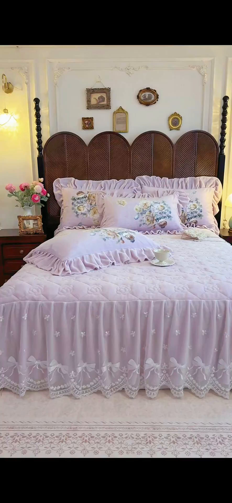 91家纺网 家纺一手货源 找家纺 宜凡家纺 2025新款牛奶绒5D数码印花夹棉床裙四件套 浮香如梦 淡紫