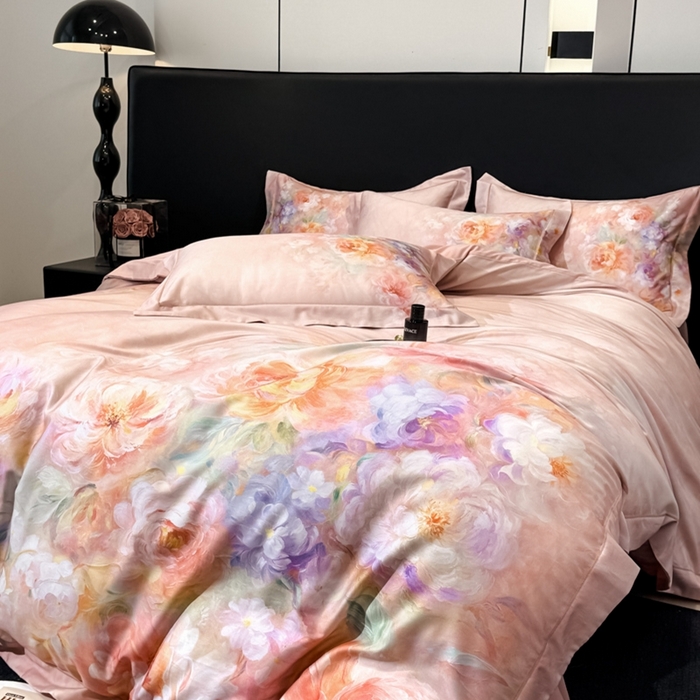 91家纺网 家纺一手货源 找家纺 舒慕家纺 2025新款天丝棉磨毛四件套艾阳绒四件套（配送高端包装） 雾霭牡丹-粉