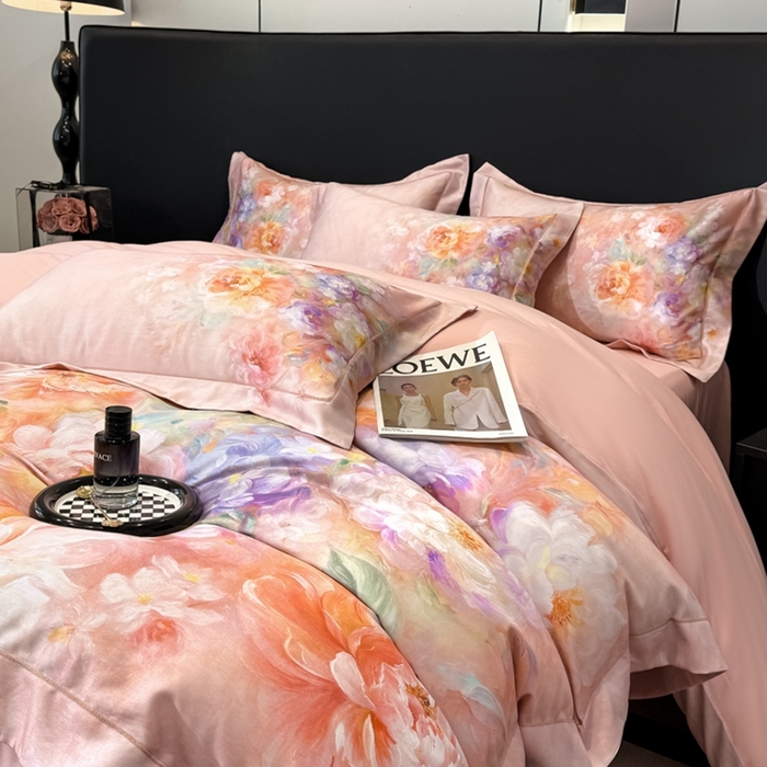 91家纺网 家纺一手货源 找家纺 舒慕家纺 2025新款天丝棉磨毛四件套艾阳绒四件套（配送高端包装） 雾霭牡丹-粉