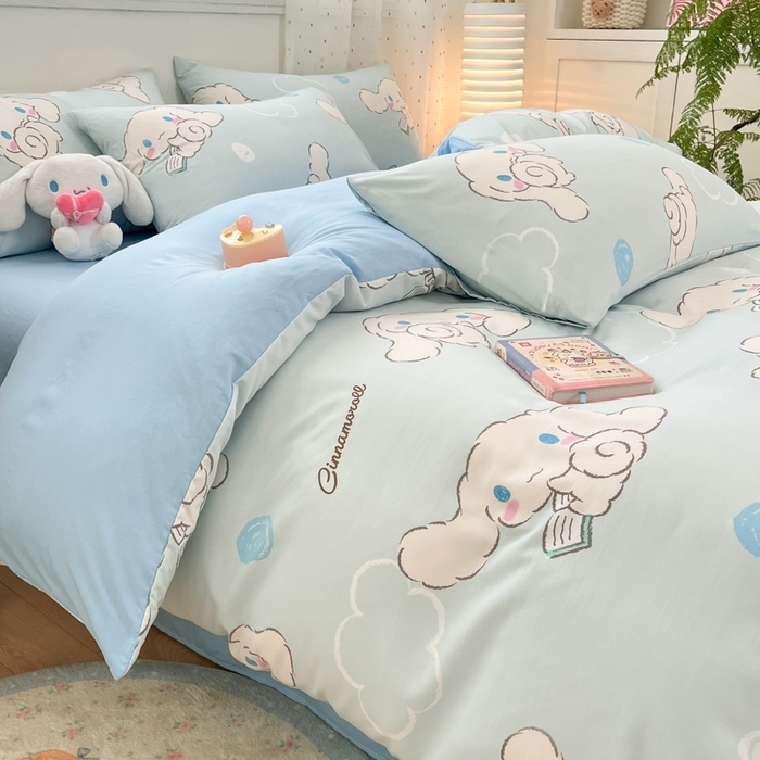 91家纺网 家纺一手货源 找家纺 港岛妹妹 2025新款云朵水洗工艺三丽鸥四件套 三丽鸥-软萌玉桂狗蓝