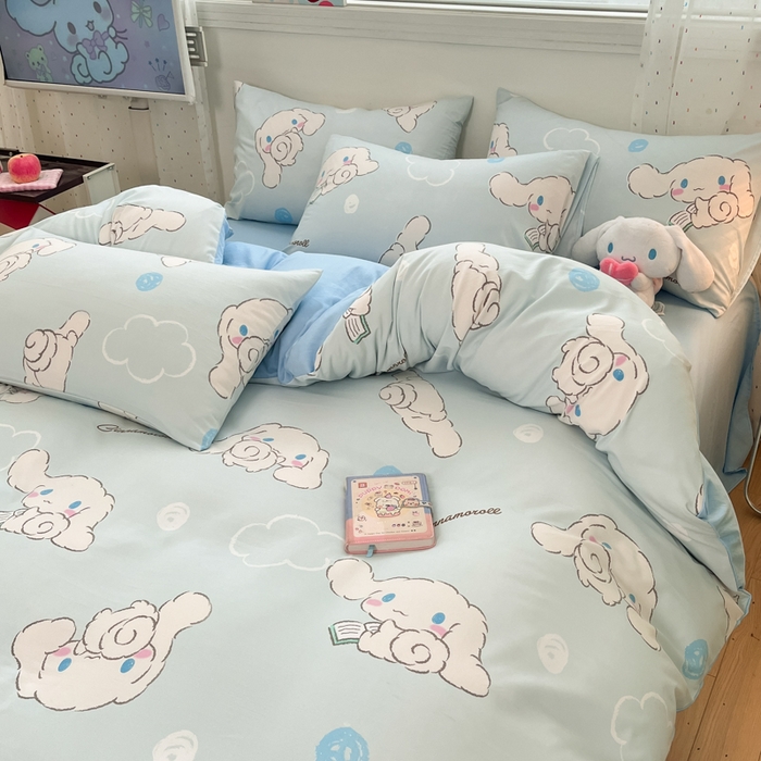 91家纺网 家纺一手货源 找家纺 港岛妹妹 2025新款云朵水洗工艺三丽鸥四件套 三丽鸥-软萌玉桂狗蓝