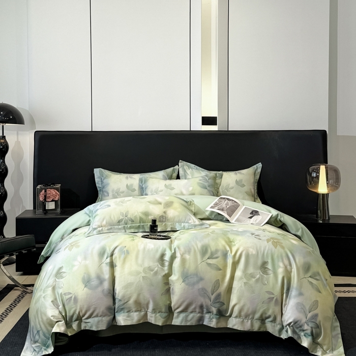 91家纺网 家纺一手货源 找家纺 舒慕家纺 2025新款天丝棉磨毛四件套艾阳绒四件套（配送高端包装） 叶舞轻扬-绿