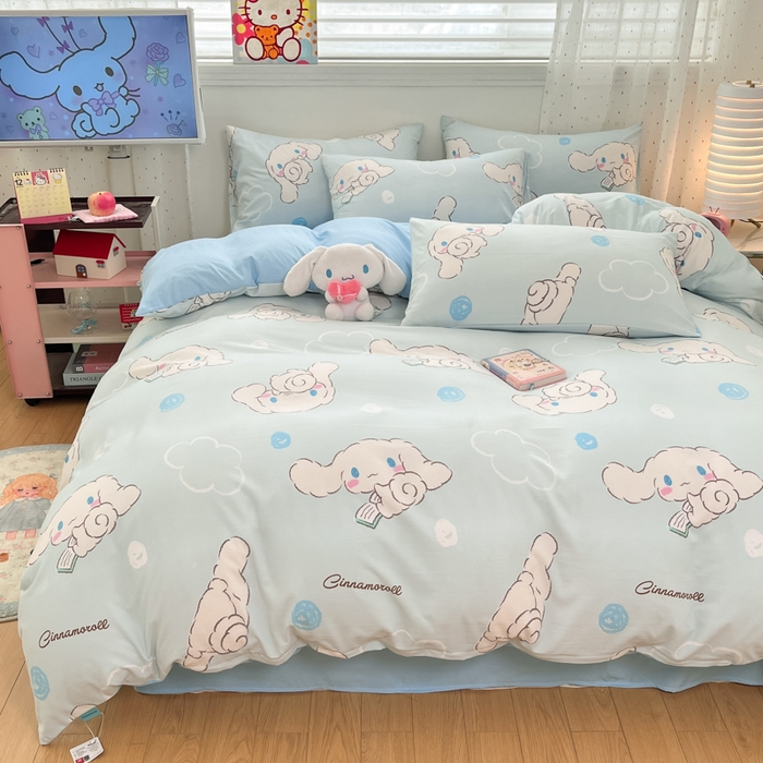 91家纺网 家纺一手货源 找家纺 港岛妹妹 2025新款云朵水洗工艺三丽鸥四件套 三丽鸥-软萌玉桂狗蓝