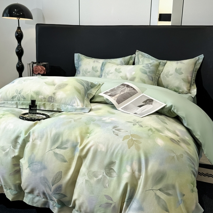 91家纺网 家纺一手货源 找家纺 舒慕家纺 2025新款天丝棉磨毛四件套艾阳绒四件套（配送高端包装） 叶舞轻扬-绿