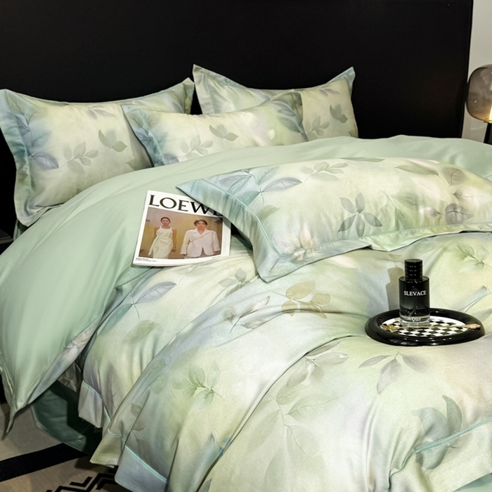 91家纺网 家纺一手货源 找家纺 舒慕家纺 2025新款天丝棉磨毛四件套艾阳绒四件套（配送高端包装） 叶舞轻扬-绿