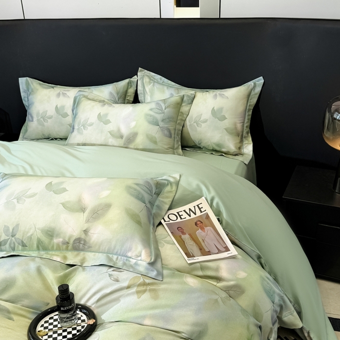 91家纺网 家纺一手货源 找家纺 舒慕家纺 2025新款天丝棉磨毛四件套艾阳绒四件套（配送高端包装） 叶舞轻扬-绿