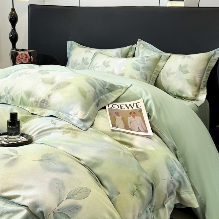 91家纺网 家纺一手货源 找家纺 舒慕家纺 2025新款天丝棉磨毛四件套艾阳绒四件套（配送高端包装） 叶舞轻扬-绿