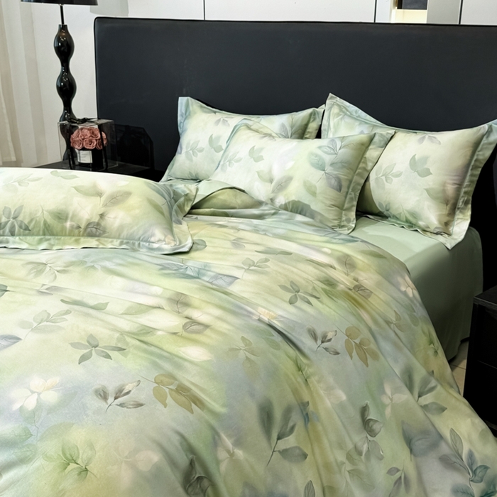 91家纺网 家纺一手货源 找家纺 舒慕家纺 2025新款天丝棉磨毛四件套艾阳绒四件套（配送高端包装） 叶舞轻扬-绿