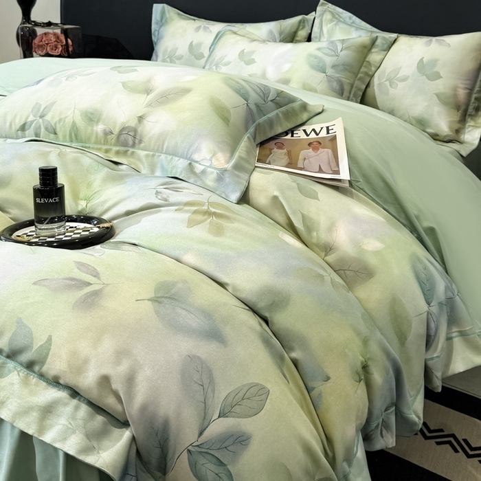 91家纺网 家纺一手货源 找家纺 舒慕家纺 2025新款天丝棉磨毛四件套艾阳绒四件套（配送高端包装） 叶舞轻扬-绿