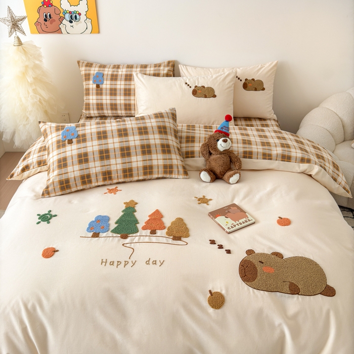 91家纺网 家纺一手货源 找家纺 如意朵 2025新款全棉加厚磨毛毛巾绣四件套（专版花型） 可爱巴拉