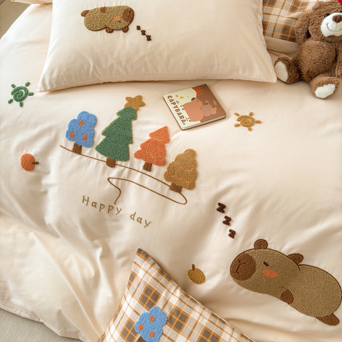 91家纺网 家纺一手货源 找家纺 如意朵 2025新款全棉加厚磨毛毛巾绣四件套（专版花型） 可爱巴拉