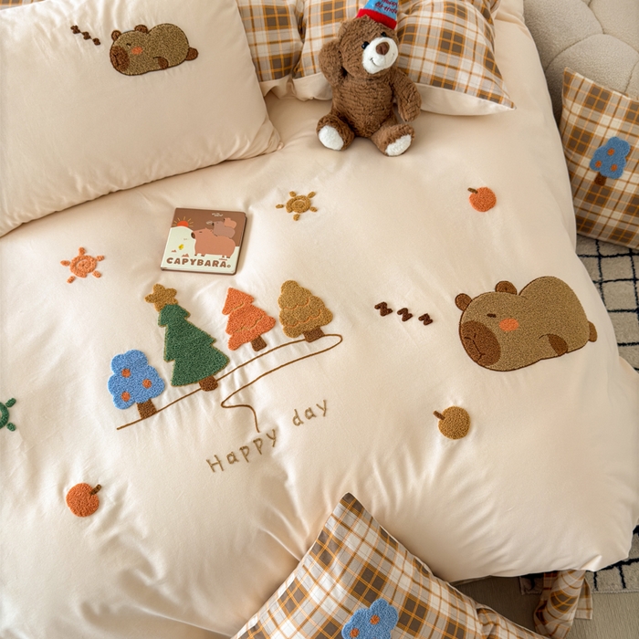 91家纺网 家纺一手货源 找家纺 如意朵 2025新款全棉加厚磨毛毛巾绣四件套（专版花型） 可爱巴拉