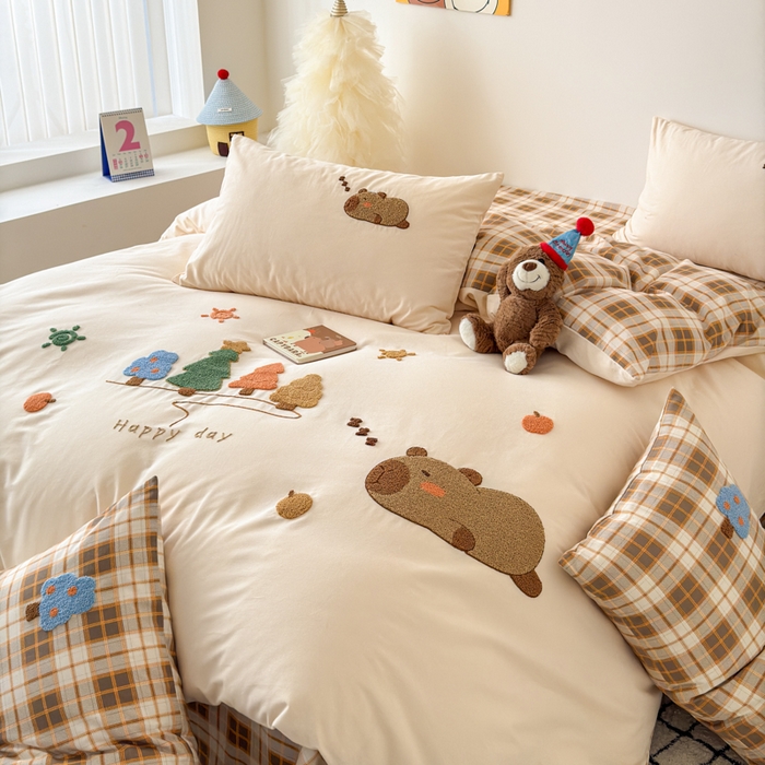 91家纺网 家纺一手货源 找家纺 如意朵 2025新款全棉加厚磨毛毛巾绣四件套（专版花型） 可爱巴拉