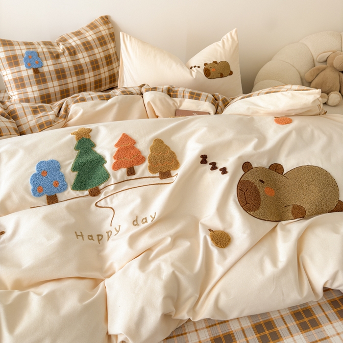 91家纺网 家纺一手货源 找家纺 如意朵 2025新款全棉加厚磨毛毛巾绣四件套（专版花型） 可爱巴拉