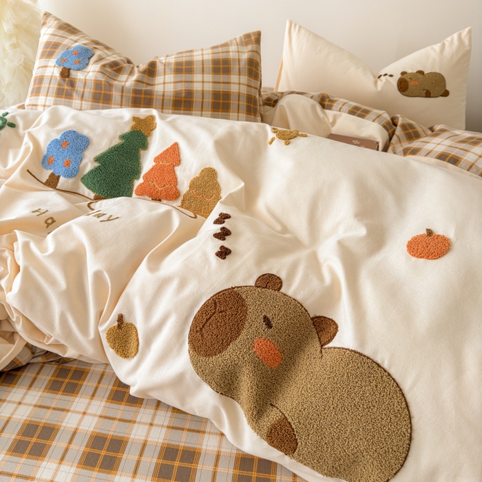 91家纺网 家纺一手货源 找家纺 如意朵 2025新款全棉加厚磨毛毛巾绣四件套（专版花型） 可爱巴拉