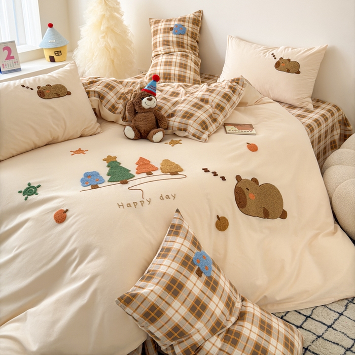 91家纺网 家纺一手货源 找家纺 如意朵 2025新款全棉加厚磨毛毛巾绣四件套（专版花型） 可爱巴拉