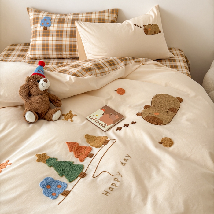 91家纺网 家纺一手货源 找家纺 如意朵 2025新款全棉加厚磨毛毛巾绣四件套（专版花型） 可爱巴拉