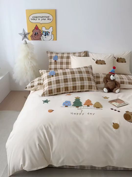 91家纺网 家纺一手货源 找家纺 如意朵 2025新款全棉加厚磨毛毛巾绣四件套（专版花型） 可爱巴拉