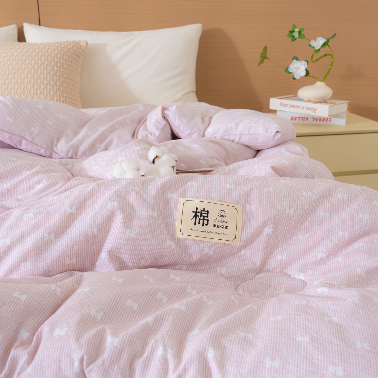 91家纺网 家纺一手货源 找家纺 蓝冰家纺 2025新款亚麻棉花冬被 粉色蝴蝶结