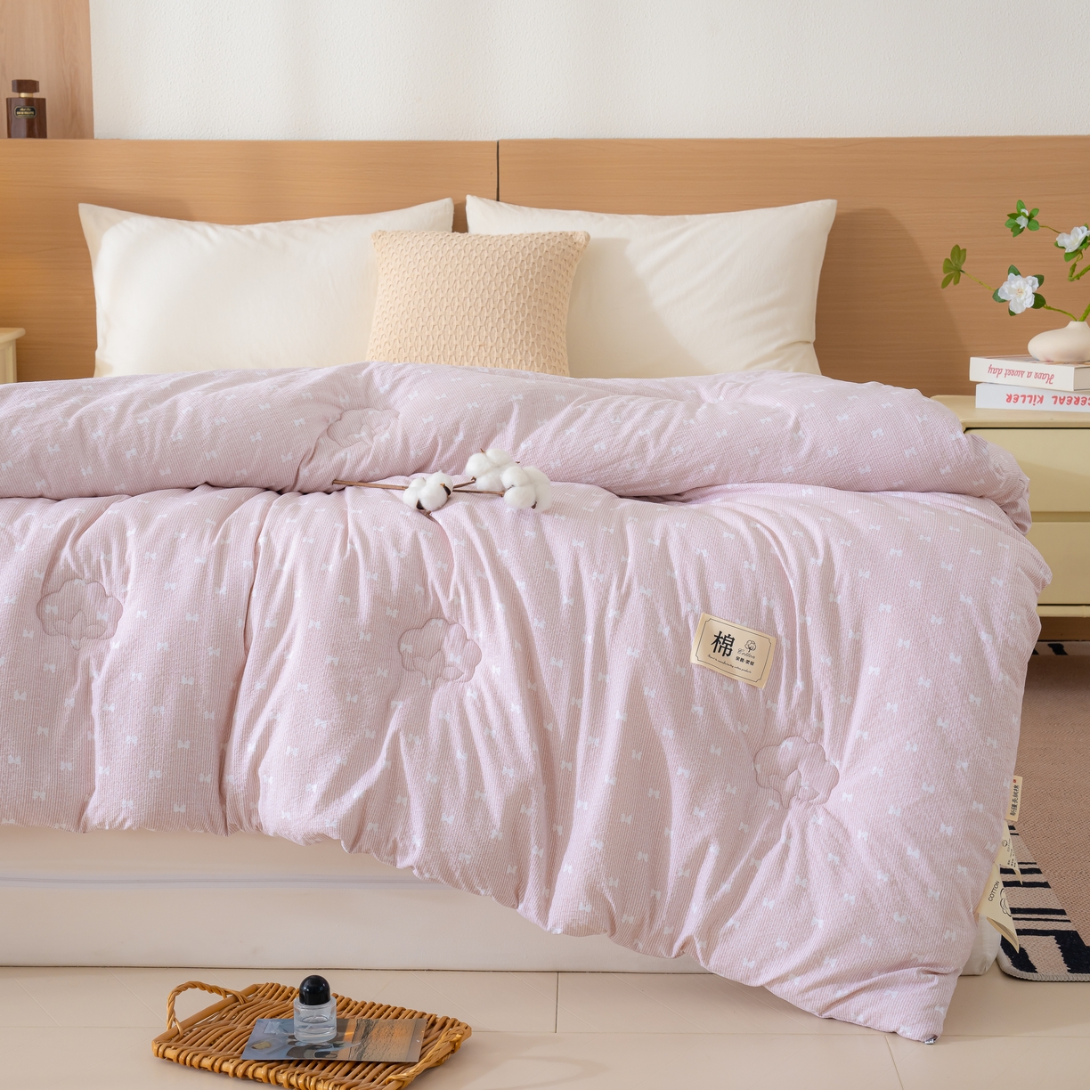 91家纺网 家纺一手货源 找家纺 蓝冰家纺 2025新款亚麻棉花冬被 粉色蝴蝶结