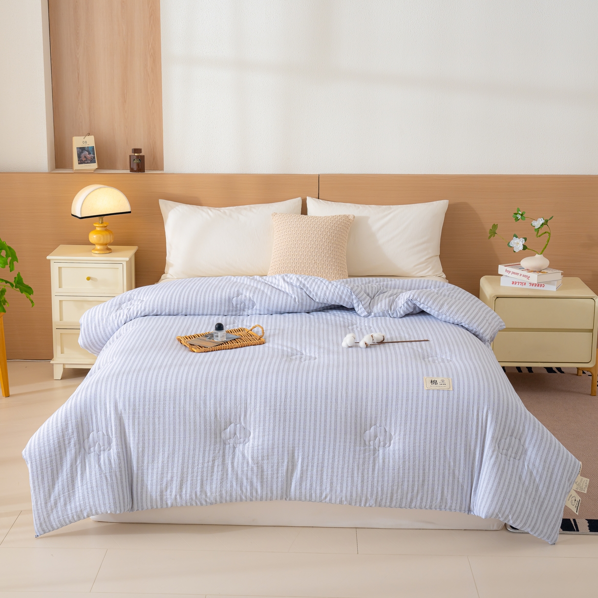 91家纺网 家纺一手货源 找家纺 蓝冰家纺 2025新款亚麻棉花冬被 蓝色条纹