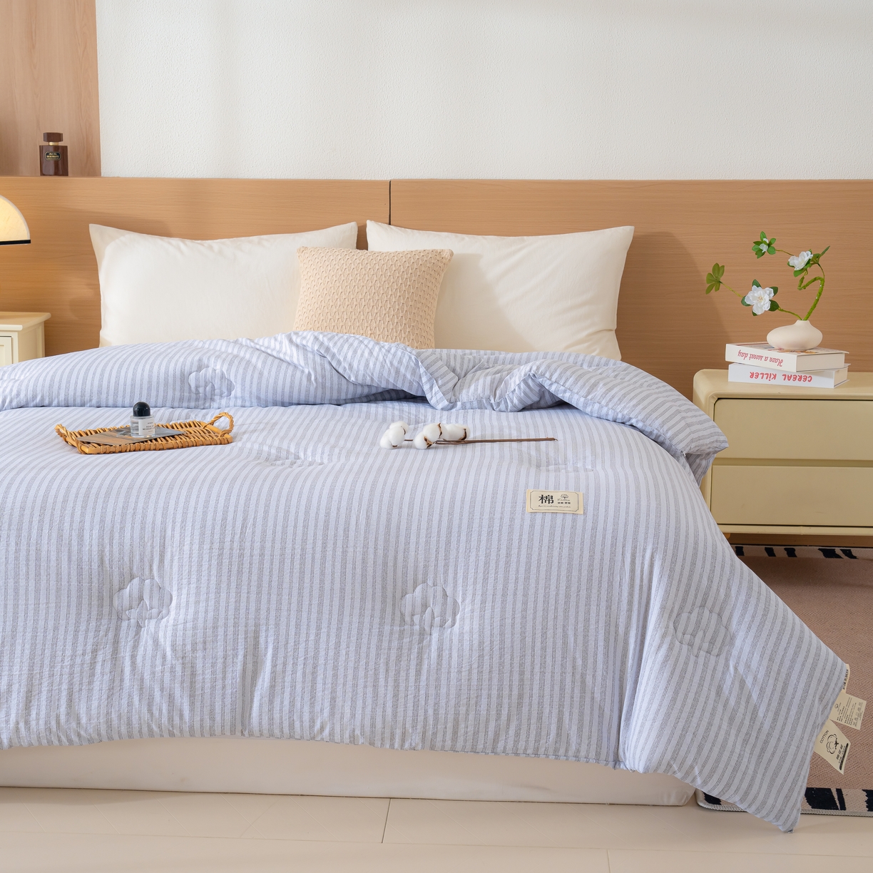 91家纺网 家纺一手货源 找家纺 蓝冰家纺 2025新款亚麻棉花冬被 蓝色条纹