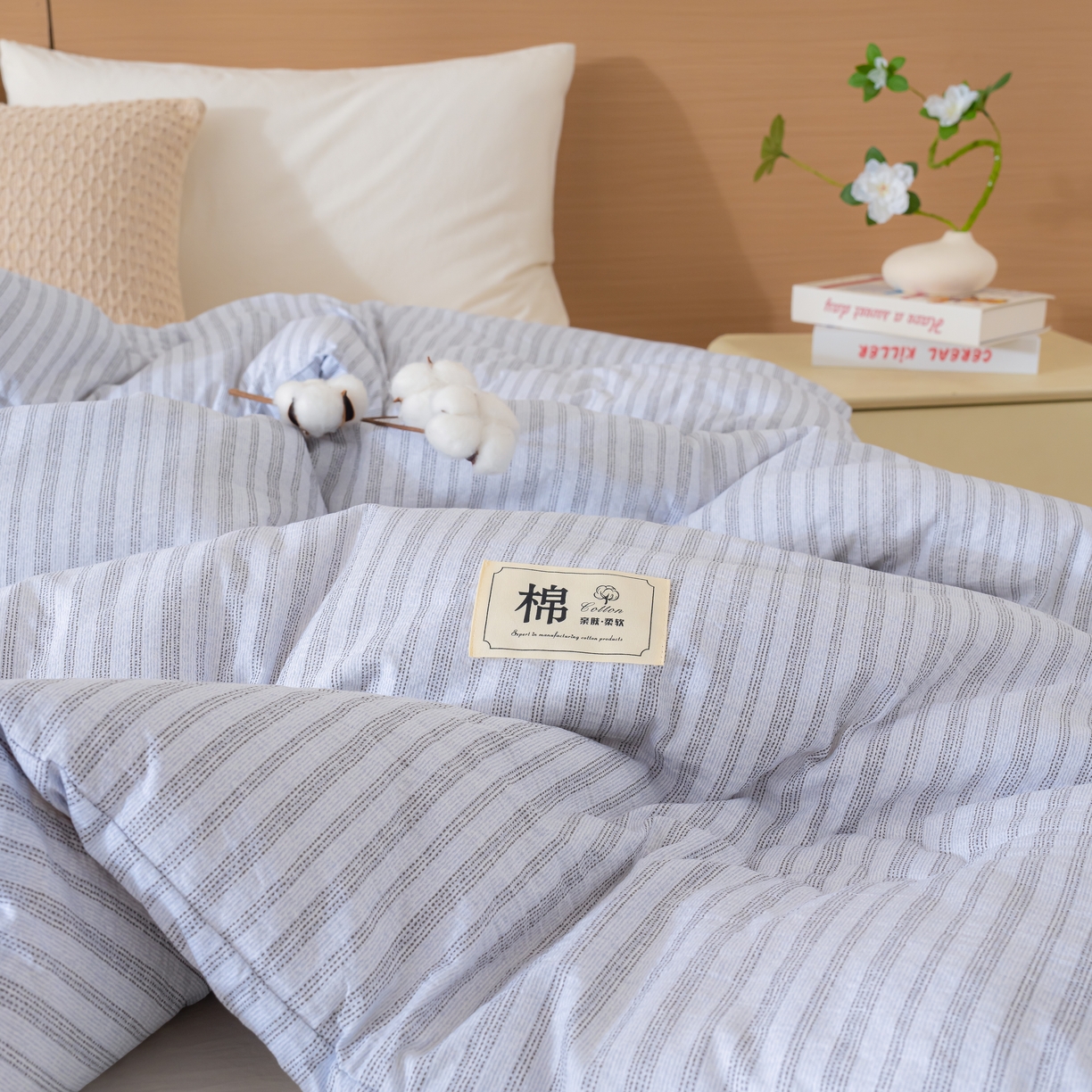 91家纺网 家纺一手货源 找家纺 蓝冰家纺 2025新款亚麻棉花冬被 蓝色条纹