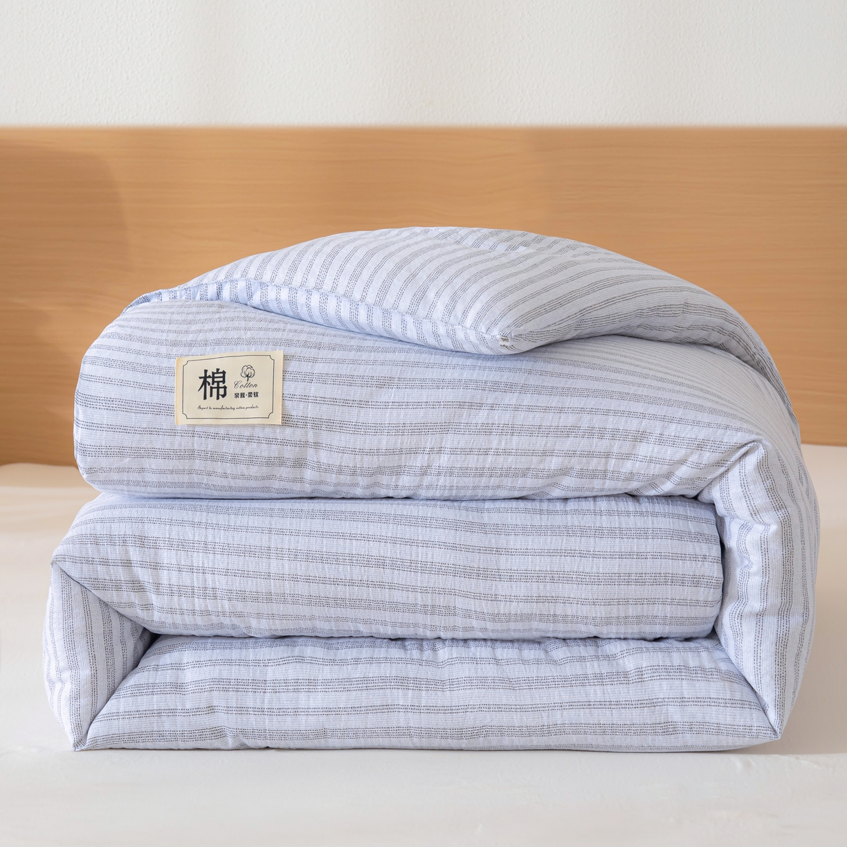蓝冰家纺 2025新款亚麻棉花冬被 蓝色条纹